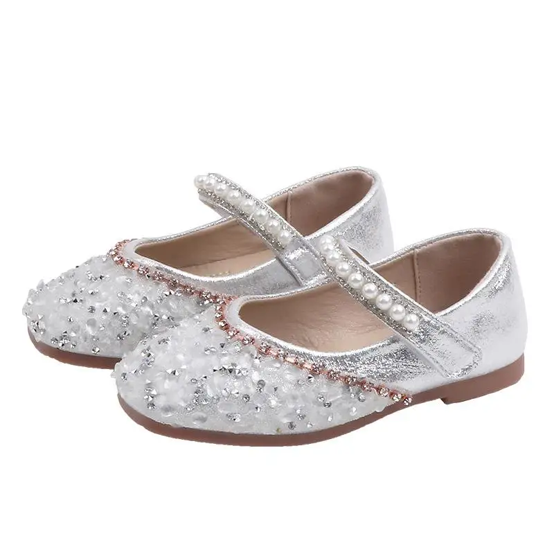 Новинка года; детская повседневная обувь; кожаные туфли принцессы на плоской подошве для девочек; Праздничная обувь с блестками и бантом, жемчугом и стразами; детская повседневная обувь - Цвет: Silver