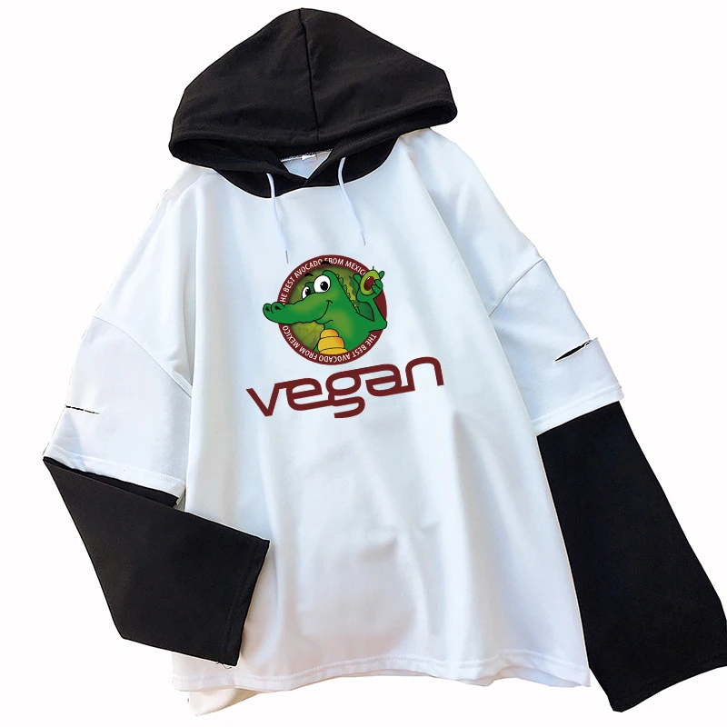 Vegan Crocodiles Толстовка прекрасный авокадо толстовки для женщин хлопок тонкий пуловер с капюшоном поддельные две части повседневная женская одежда - Цвет: white