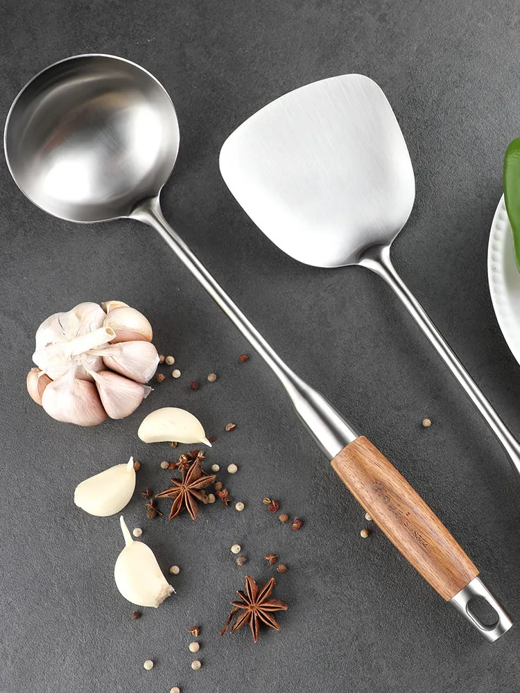 

Spatula 304 Stainless Steel Spatula Wooden Handle Insulation Flat Shovel Long Handle Thickened Home Spatula