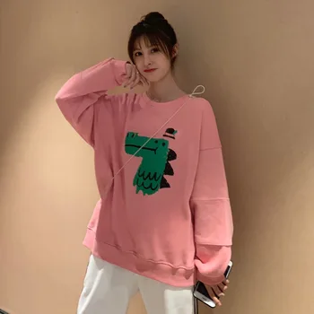

2020 Autumn New Arrival Korean Style Fun Cartoon Print Green Sweatshirt Loose Long-sleeved Sweatshirt Women Pink Free Shipping