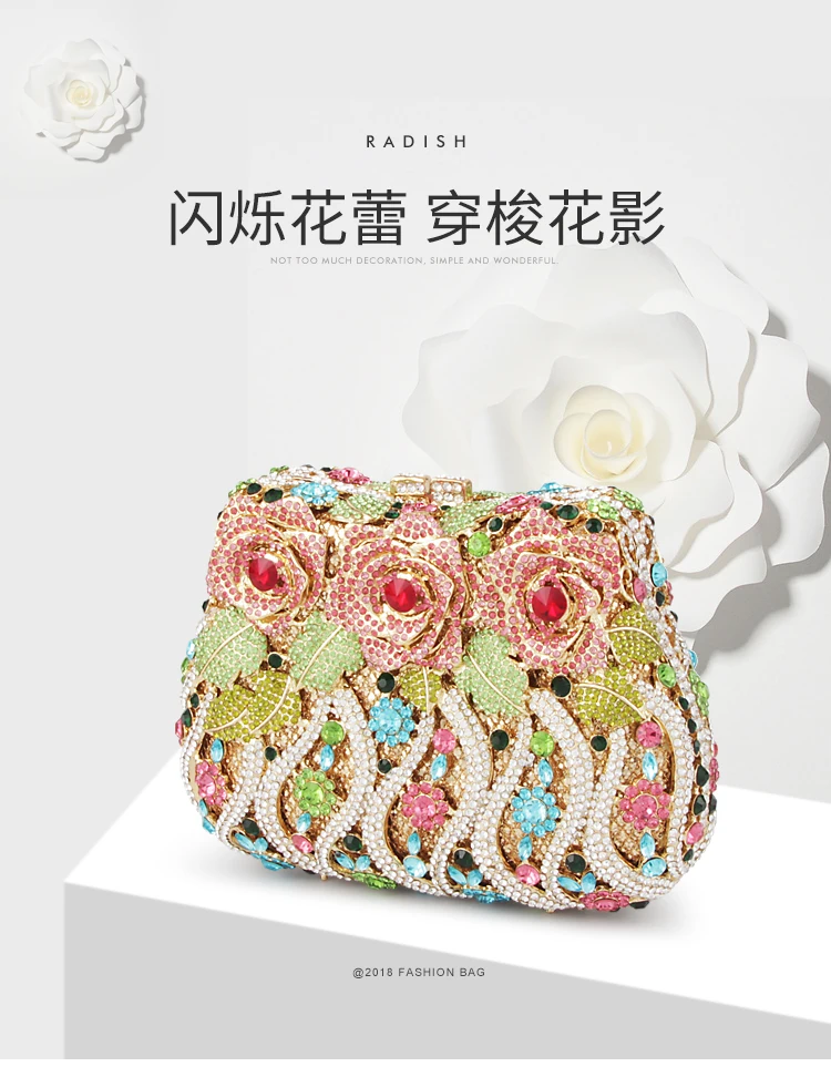 Uxury Colorful Stereo Flower Evening Bag Women Sparking Rhinestone Evening Dress Clutch Purse Casual Lady Handbag Banquet Pary