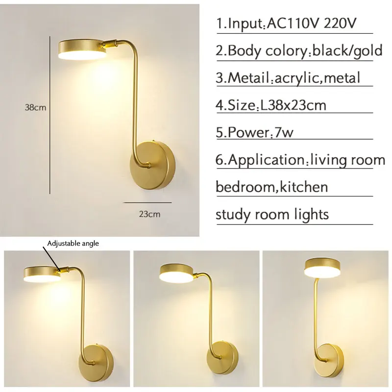 7 Вт современный светодиодный настенный светильник для дома, спальни, гостиной, столовой, прикроватной комнаты, ванной комнаты, настенный светильник, золотой и черный, 110 В, 220 В, яркий