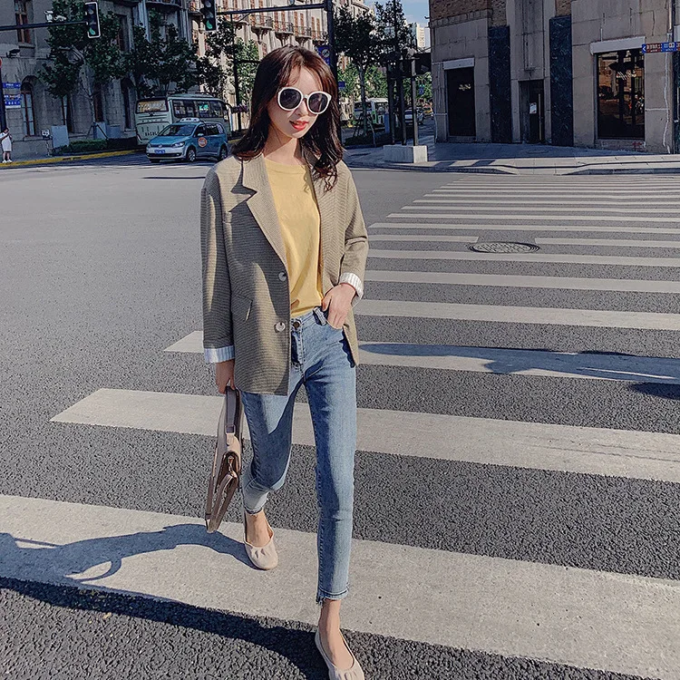 

Photo Shoot Plaid Suit Jacket Women's Spring And Autumn 2019 Online Celebrity Korean-style British-Style Fashion Casual Suit Blo