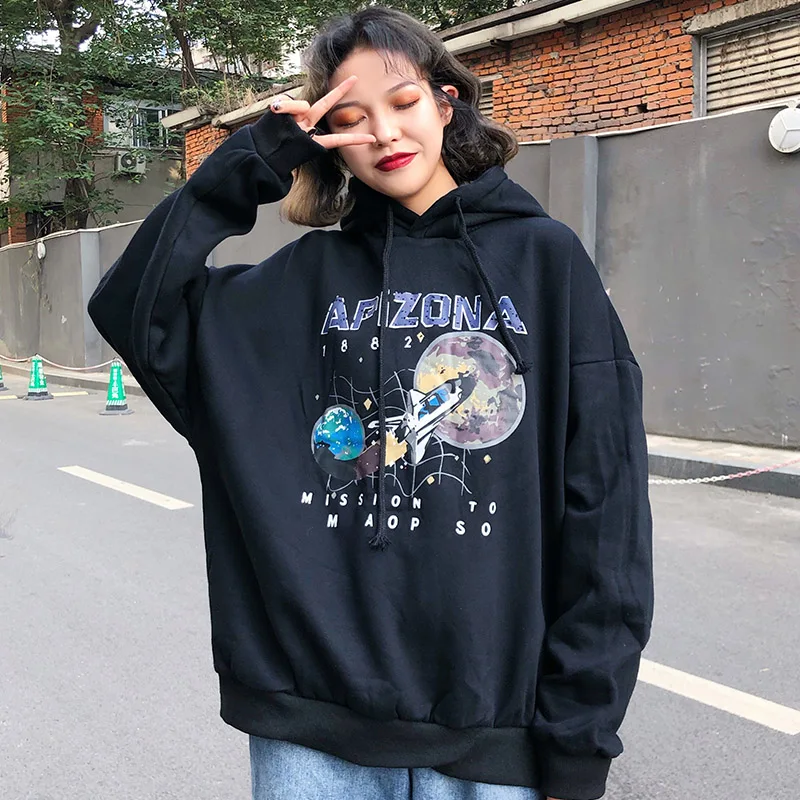 

Fashion autumn winter ladies black loose letter printing hoodie long-sleeved casual cartoon rocket Sweatshirt women clothing