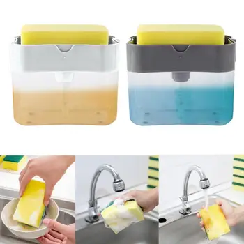 

2-in-1 Sponge Box with Soap Dispenser Double Layer Manual Soap Dispenser Press Liquid Container Sponge Holder Kitchen Gadgets