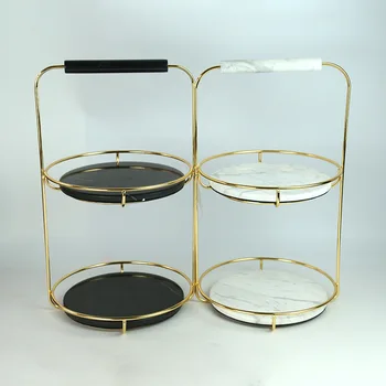 

European cosmetic storage tray Double layer jewelry marble tray Round natural storage black shelf bathroom organizer trays