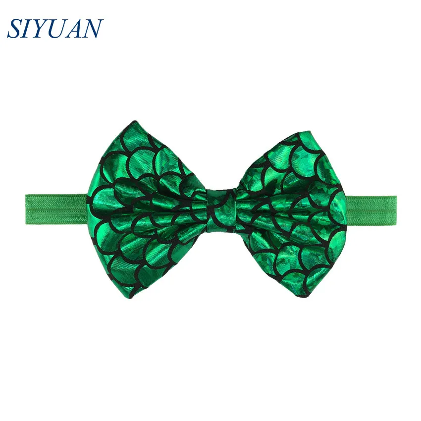 6-green 14 шт./лот, эксклюзивная лента для волос в виде рыбьей чешуи, эластичная повязка на голову с мягким горячим штампованным бантом для волос, аксессуары для волос HB115 - Цвет: 6-green