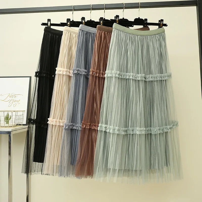 

[Attachment] Gauze Elegant Sweet Skirt 2019 Korean-style New Style Handmade Diamond Set Joint Pleated Fairy Skirt