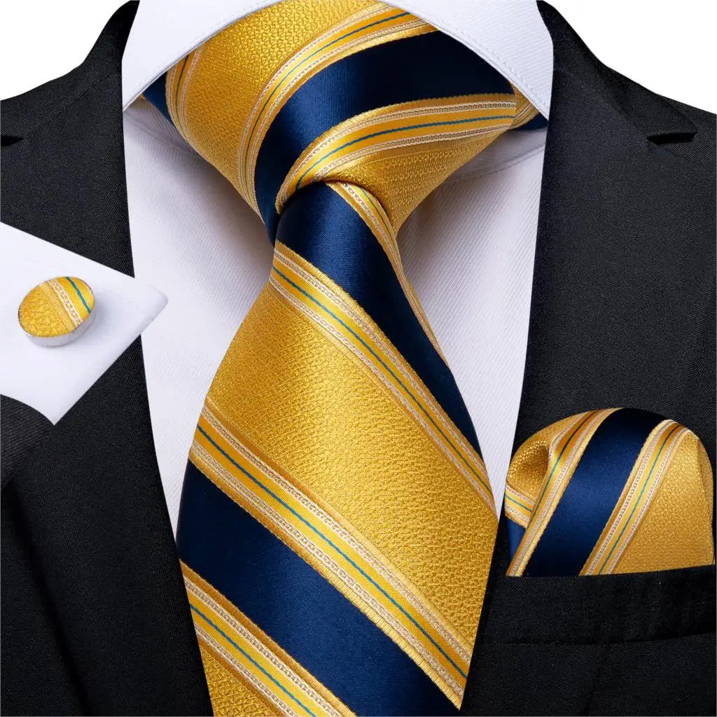 Men Tie Luxury Yellow Blue Striped Paisley Plaid Silk Wedding Tie For Men DiBanGu Designer Hanky Cufflinks Gift Set