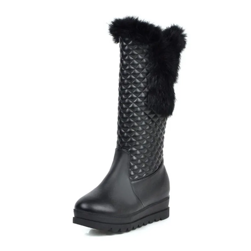 Taoffen Women Wedges Party Fur Ankle Platform Knee Boots Keep Warm Fur Long Boots Round Toe Shoes Women Footwear Size 29-43 - Цвет: Черный
