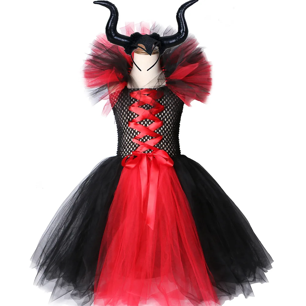 Maleficent of evil queen/платье для девочек с рожками, крылышками, костюмы на Хэллоуин для детей, одежда для костюмированной вечеринки для девочек, детский праздник - Цвет: 2pcs-red