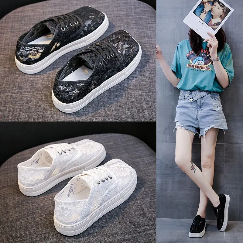 

Women shoes 2020 fashion summer casual white shoes cutouts lace canvas hollow breathable platform flat shoes woman sneakers