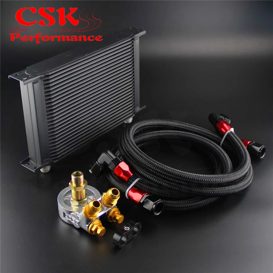 Best Price Universal 25 Row Oil Cooler+AN10 Oil Adapter w/Thermostat +Braided Hose Line Kit Silver / Black Best Price Universal 25 Row Oil Cooler+AN10 Oil Adapter w/Thermostat +Braided Hose Line Kit Silver / Black