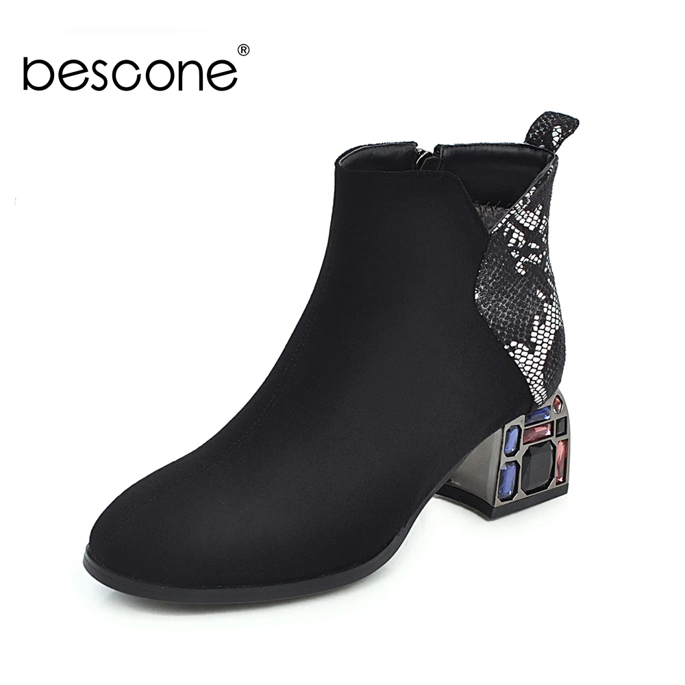 BESCONE Stylish Women Mid-Calf Boots Winter Handmade Snake Pattern Zip Square Heel Shoes Microfiber Round Toe Lady Boots BM307