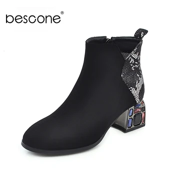 

BESCONE Stylish Women Mid-Calf Boots Winter Handmade Snake Pattern Zip Square Heel Shoes Microfiber Round Toe Lady Boots BM307