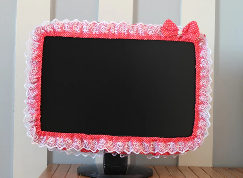 Description Picture 4 of itemLace Fabric Computer Frame Cover Monitor Screen Dust Cover With Elastic Pen Pocket Bow Home Decorations