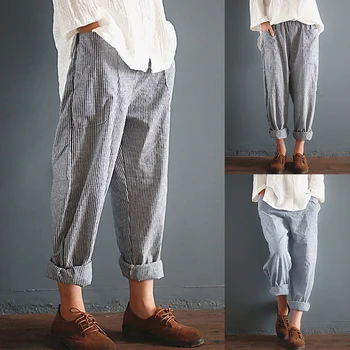 

Women Pants Autumn Casual Linen Loose Elastic Waist Striped Full Length Pocket Straight Pants Female Trousers Plus Size