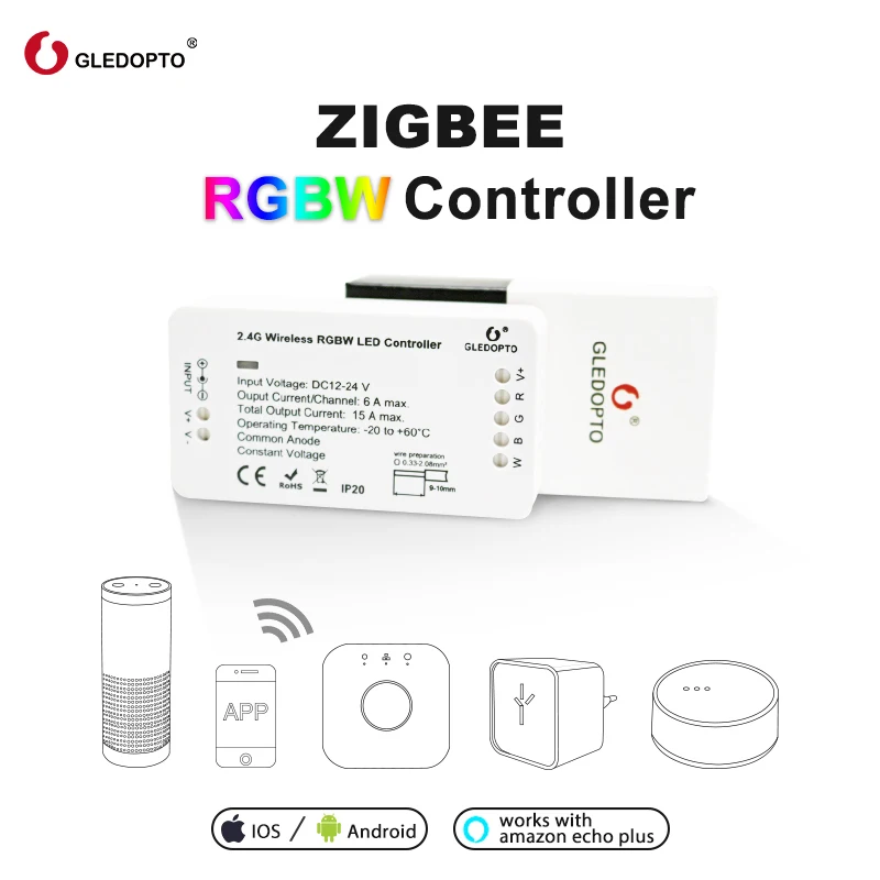 Gledopto Zigbee 3.0 2ID / 1ID Smart RGBW Switch DC12-24V LED Strip Remote Switch Dimmer Controller Work with Amazon ECHO