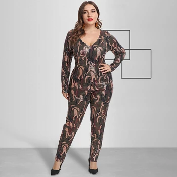 

Plus Size XL-5XL Sexy Flower Camouflage Sequin Bodycon Jumpsuit Women V Neck Party Club Rompers Tight Jumpsuits Long Pants New