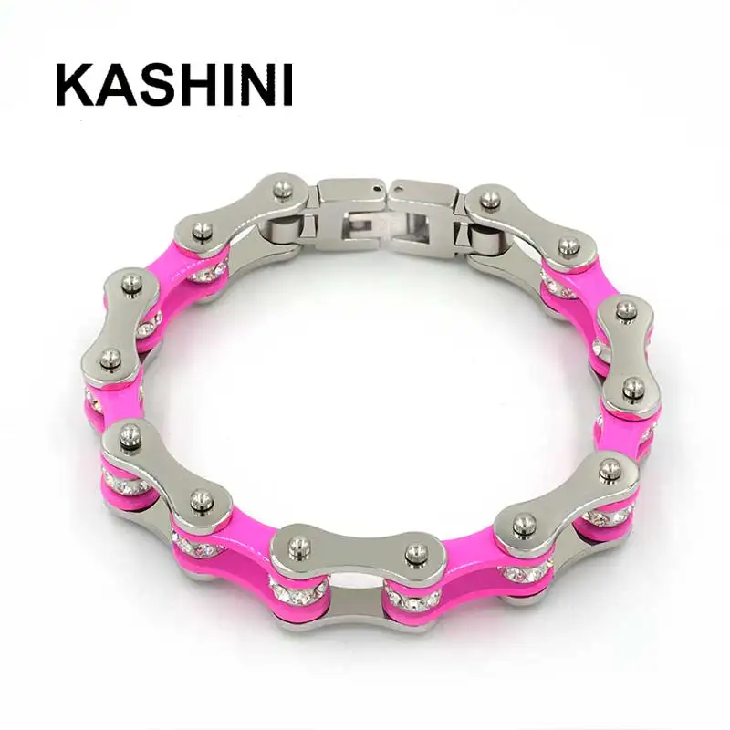 

Punk Pink Bicycle Chain Bracelet For Women Stainless Steel 316L Female Crystal Motorcycle Chain Bracelets Jewelry Gift