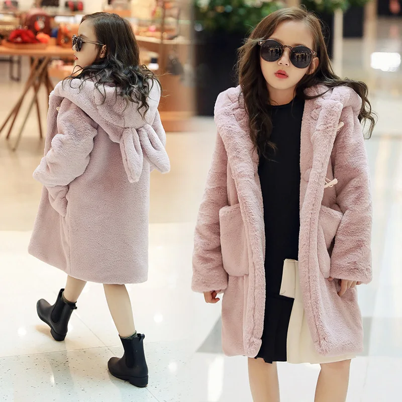 Dollplus/зимнее пальто для девочек парки для девочек от 3 до 12 лет утепленная Вельветовая куртка с капюшоном и заячьими ушками одежда для маленьких девочек