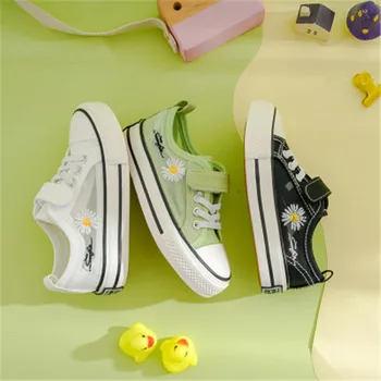 

Popular Hot Children's Canvas Shoes Thick Bottom Small Daisy Printing Low-top Girls Shoes Boys Mesh Hollow Breathable Mesh Shoes