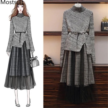 

2019 Autumn Winter 2 Piece Sweater Skirt Suits Outfits Women Plus Size Turtleneck Pullover Sweater + Midi Plaid Skirt Sets Femme