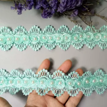 

2 yard Green Pearl Beaded Flower Embroidered Lace Trim Ribbon Floral Applique Patches Wedding Dress Fabric Sewing Craft 4cm