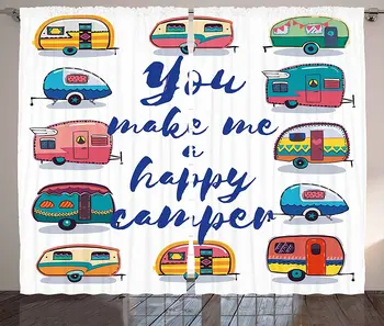 

Camper Curtains You Make Me Happy Camper Motivational Words with Caravans Retro Style Travel Graphic Living Room Bedroom Window