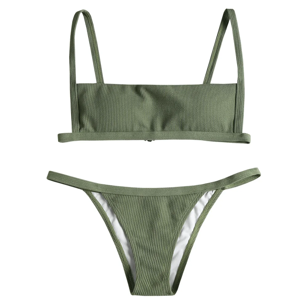 Forest Green ZAFUL Бикини Крючок Ребристый Строка Бикини Набор Провод Бесплатный Купальник с Низкой Талией Квадратный Шеи Купальники Мягкий Твердый Купальник - Цвет: Forest Green