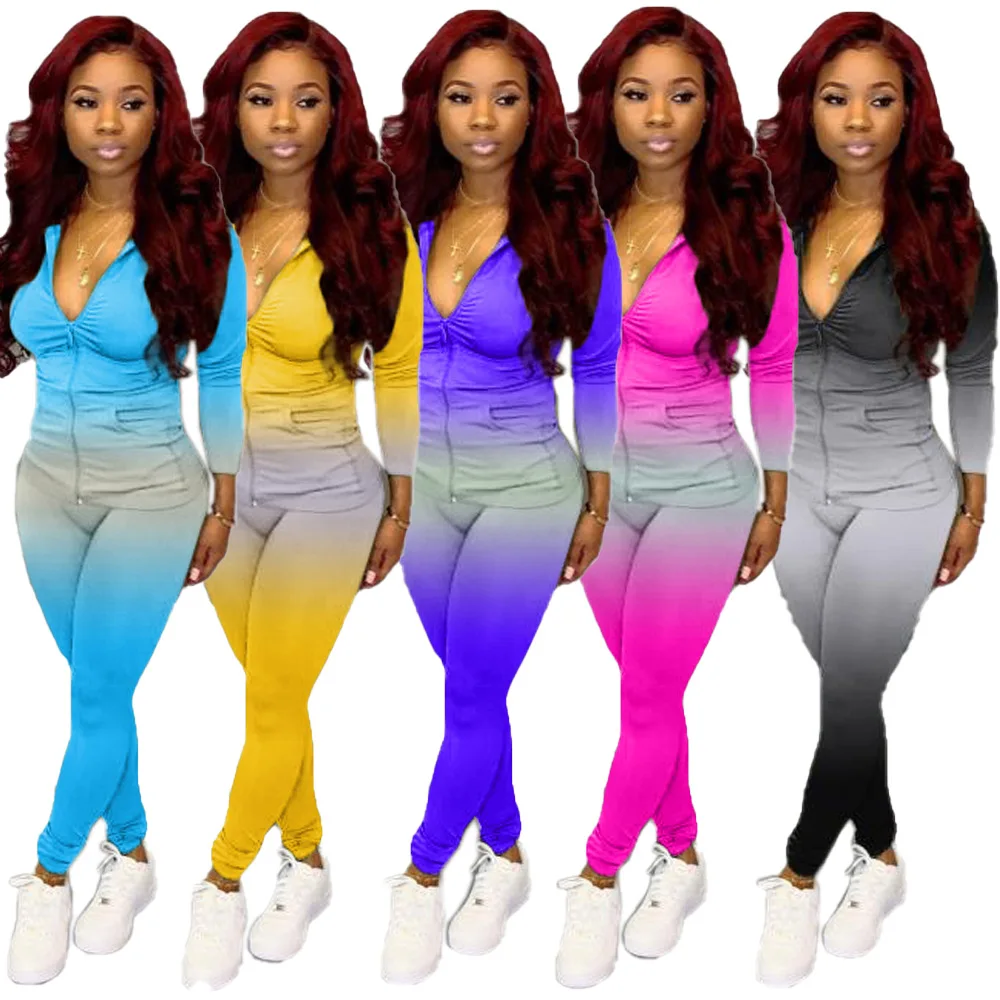 

European and American women's hot-selling long-sleeved gradient zipper pocket hooded two-piece suit