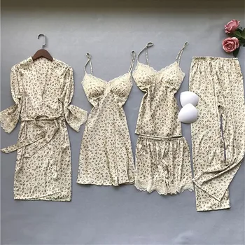 

New Sexy Women's Leopard Robe & Gown Lace Bathrobe + Night Dress 5 Pieces Sleepwear Sleepdress Set Faux Silk Robe Femme Lingerie