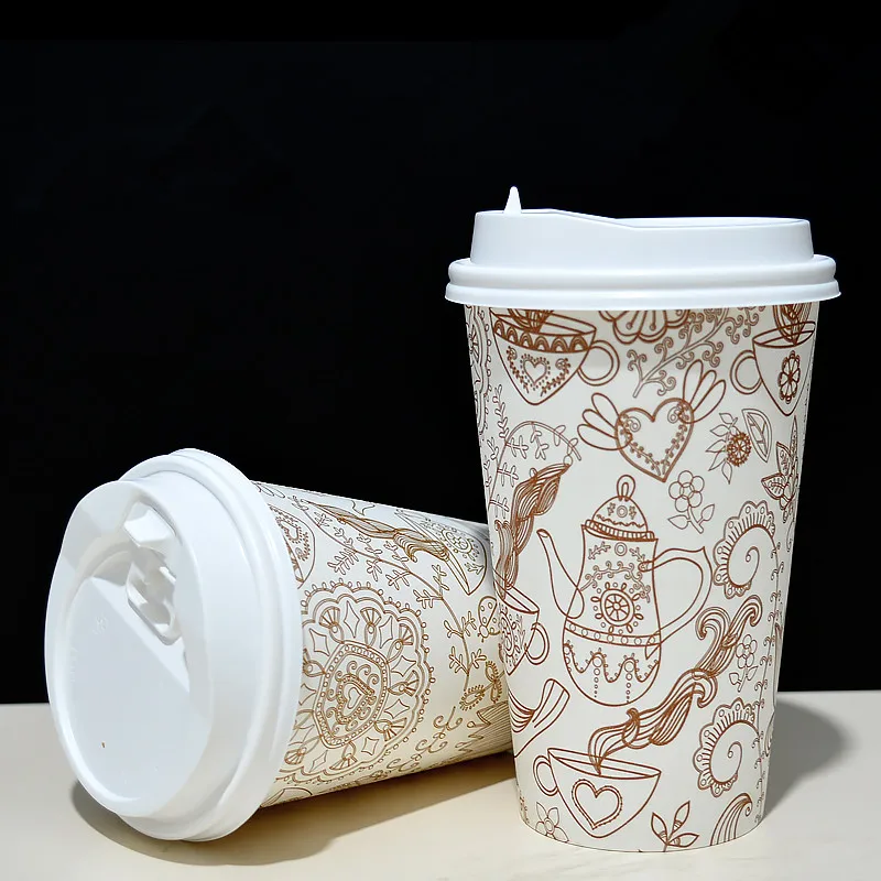 

50pcs High quality creative flower disposable coffee cup 8oz/14oz/16oz afternoon tea paper cup takeaway packaging with lid