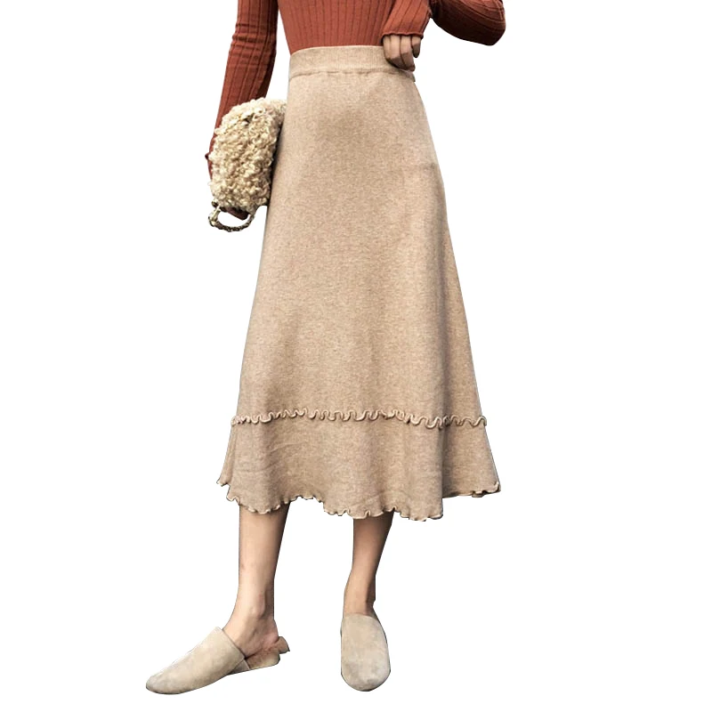 

NORMOV 2019 New Autumn Winter Womens Skirt High-Waist Knitted All-Match High Quality Female Korean Style Solid Color Long Skirt