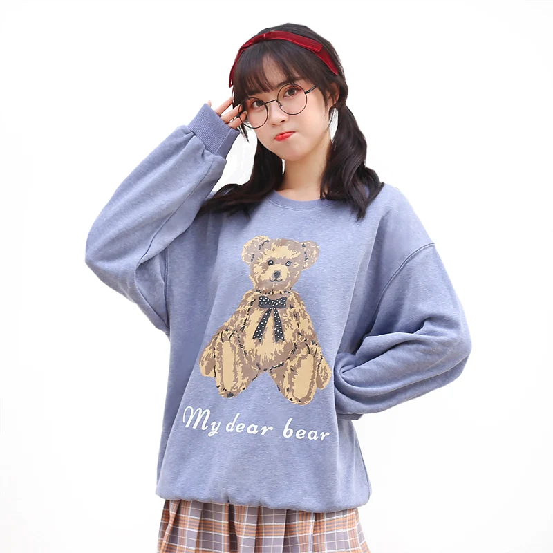  Harajuku Blue Kawaii Hoodie Women Lolita Printed Girl Sweatshirts Japanese Cute Baby Bear Anime Gra