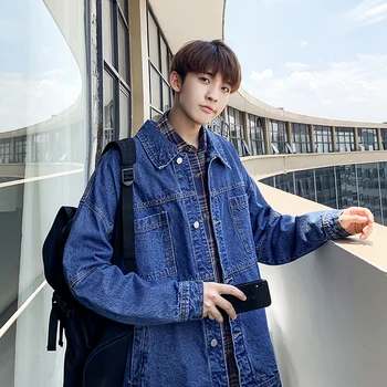 

2019 spring and autumn new men's solid color cotton denim jacket loose Hong trend fashion casual shirt blue / black M-2XL