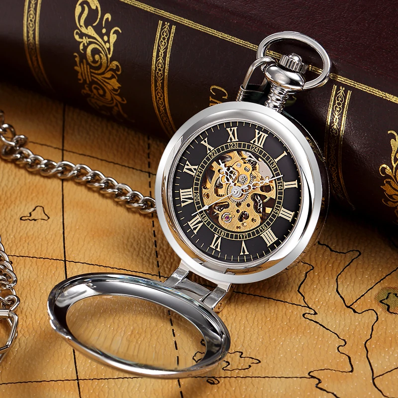 Retro Golden Hollow Skeleton Mechanical Pocket Watch Mens Fob Chain Steel Exquisite Sculpture Women Pocket