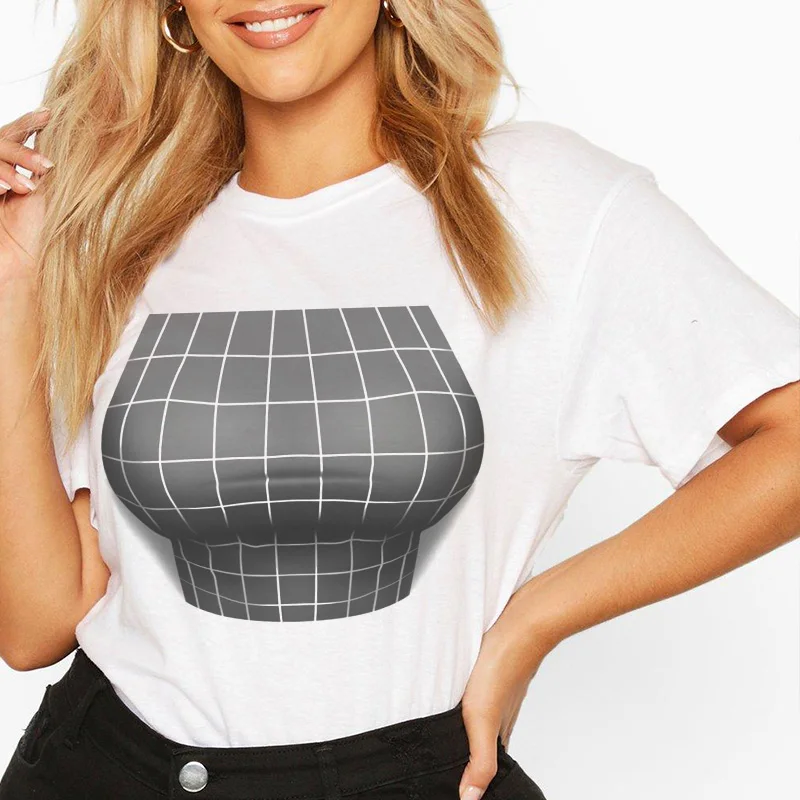 Big Chest Sexy Fashion 3D Effect Shows Print T-shirt Women Korean Style Tight-Fitting Casual Tshirt Short-Sleeved Summer T Shirt | Женская