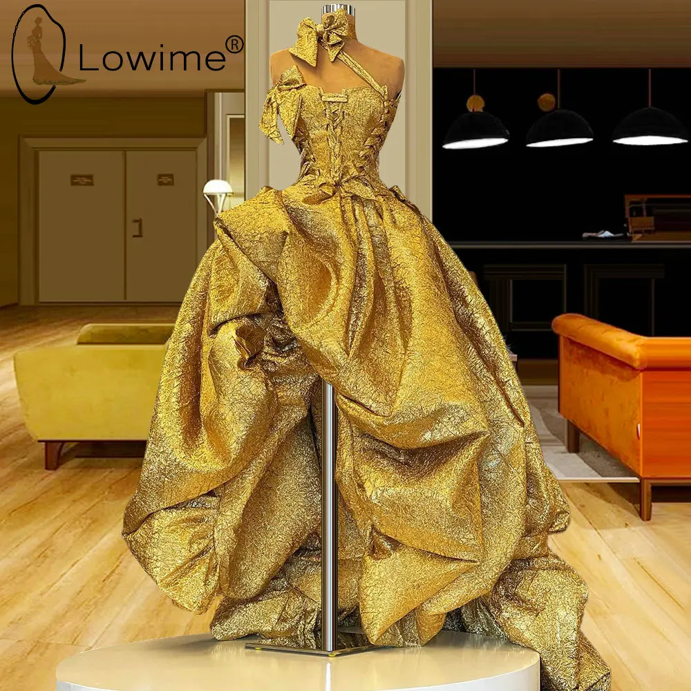 

Dubai Golden A Line High Low Evening Dresses One Shoulder Middle East Saudi Arabia Formal Party Gowns Dresses Women Wear 2021