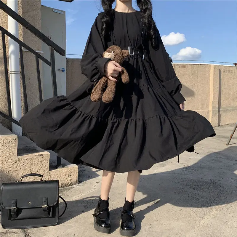 QWEEK Gothic Style Dress Women Harajuku Gothic Lolita Kawaii Dress Punk Cute Long Sleeve Black Midi Dress 2021 Emo Mall Goth