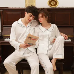 Couple Ice Silk Pajamas Sets Men's and Women's Thin Doll Collar Summer Spring Autumn Long Sleeved Lattice Lapel Button Sleepwear