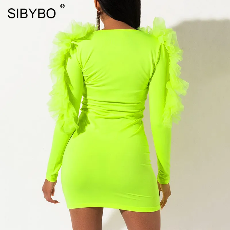 SIBYBO Ruffles Mesh Spliced Sexy Bodycon Dress Long Sleeve Mini Autumn Dress Women V-Neck Leopard Print Elegant Party Dress