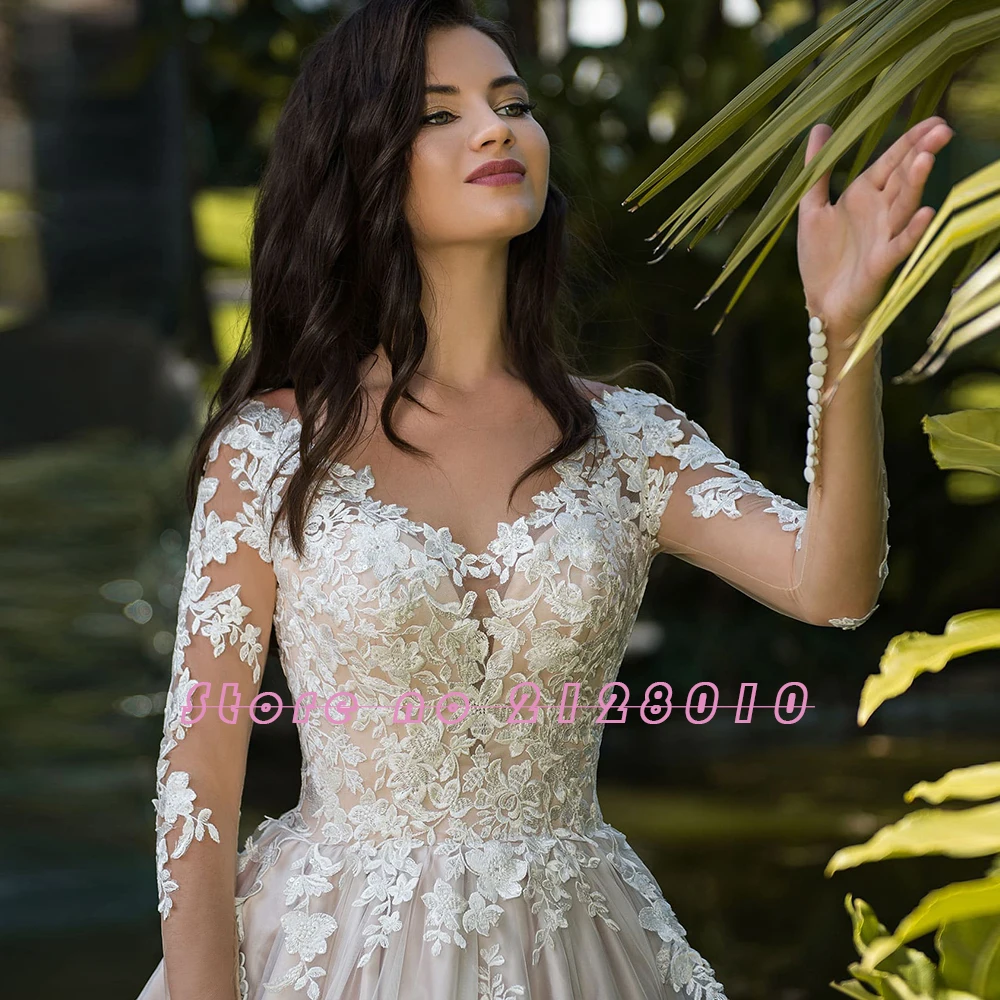Сделанные на заказ свадебные платья трапециевидной формы Robe De Mariee с длинным рукавом пуговицы сзади аппликации Китай Свадебные платья Mariage
