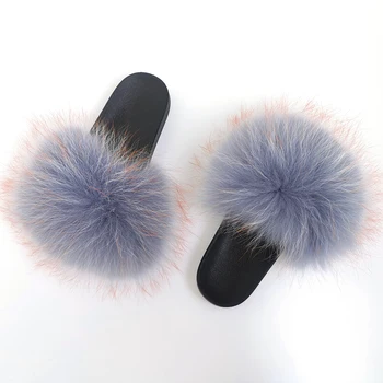 

Woman Sandals 2020 Luxury Raccoon Fur Slippers High End Plush Flip Flops Flat Furry Fashion Custom Fox Fur Slides Wholesale