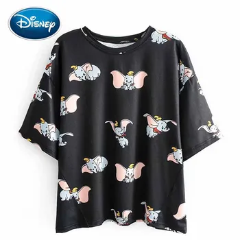 

Disney Stylish Dumbo Elephant Cartoon Print O-Neck Pullover Short Sleeve Casual Women T-Shirt Loose Cute Black Tee Tops