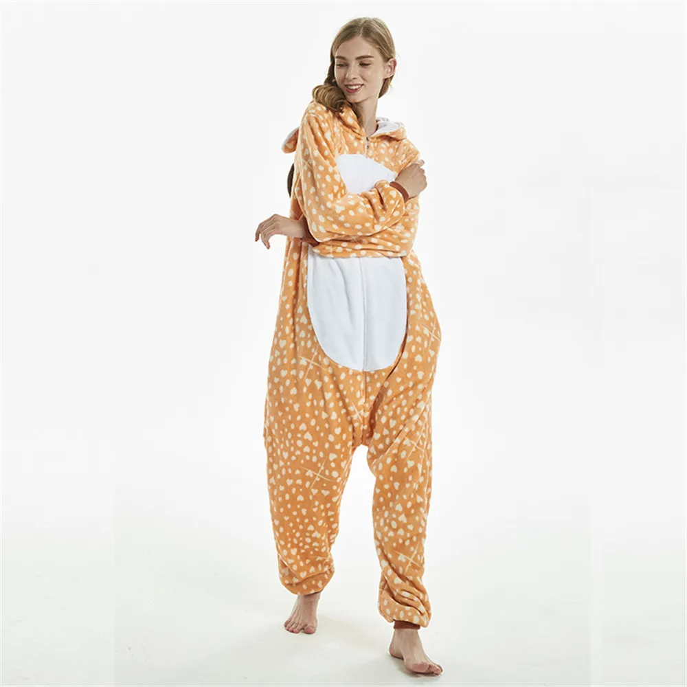 Кигуруми Onesie для взрослых женщин животных пижамы костюм фланелевые теплые пижамы цельный зимний комбинезон косплей Рождество Sika олень