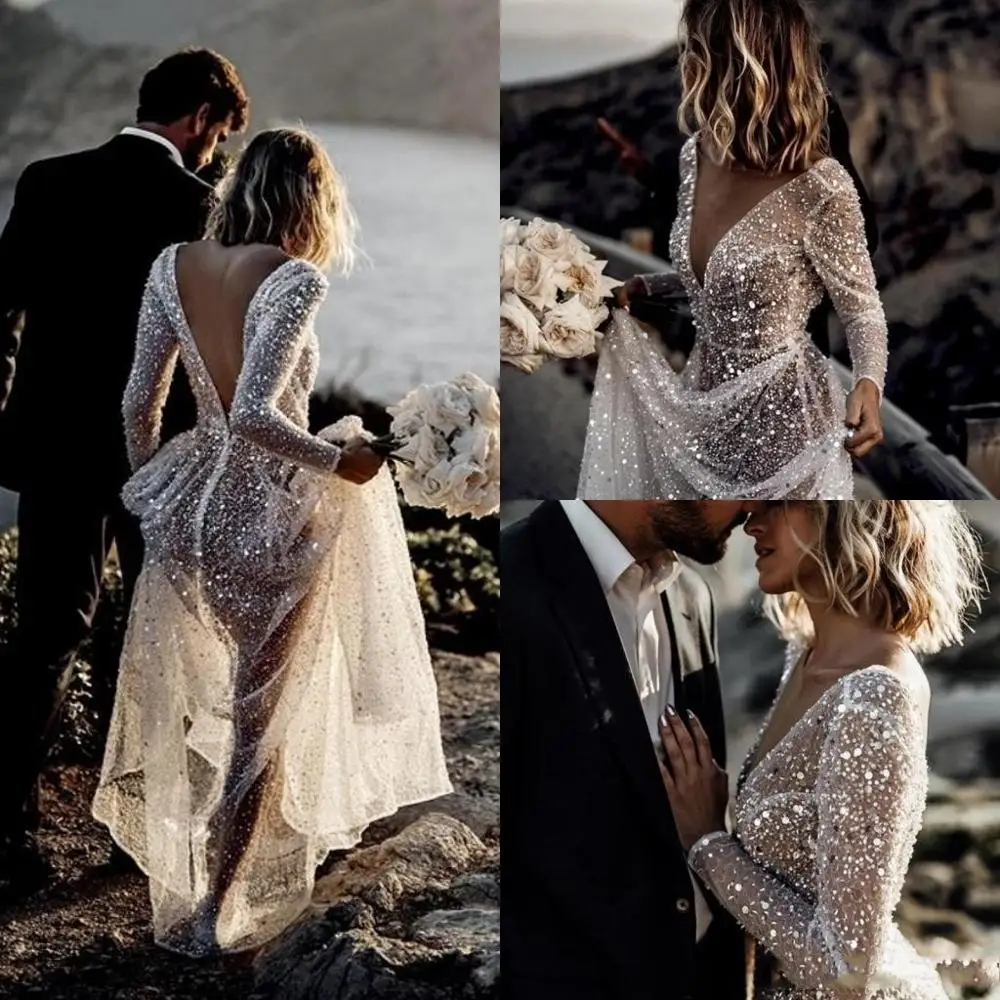 Sparkly Lovertjes Lange Mouwen Beach Trouwjurken Backless Sexy V-hals Land Boho Bruidsjurken Vestido de Novia Sparkly Lovertjes Lange Mouwen Beach Trouwjurken Backless Sexy V-hals Land Boho Bruidsjurken Vestido de Novia