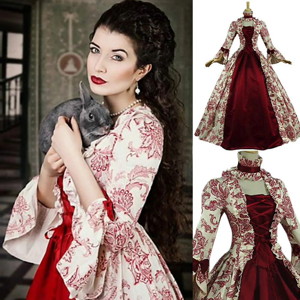 Women Cosplay Marie Antoinette Dress Medieval Flare Sleeve Victorian Party Formal Gown Renaissance Gothic Floral Robe Plus Size