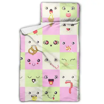 

Cute Faces Eating Snacks Toddler Nap Mat Children's Sleeping Bag with Removable Pillow for Preschool Daycare and Sleepovers
