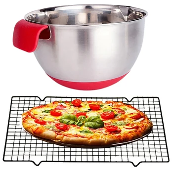 

1x Silicone Handle Stainless Steel Scale Mixing Bowl & 1Pc Carbon Steel Non-Stick Cooling Rack Cooling Grid Baking Tray